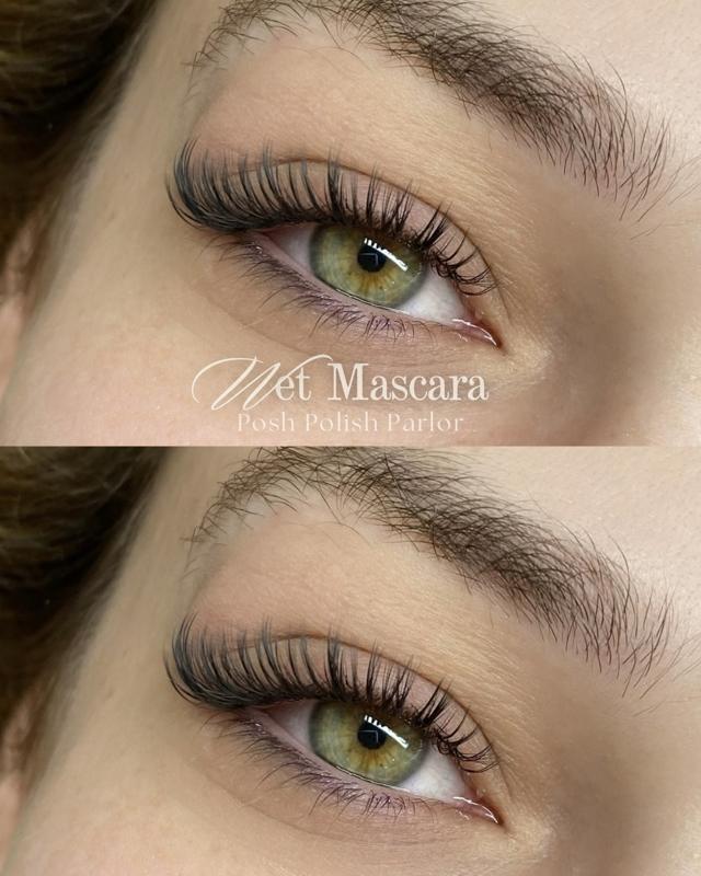 Wet mascara lash extensions, close-up