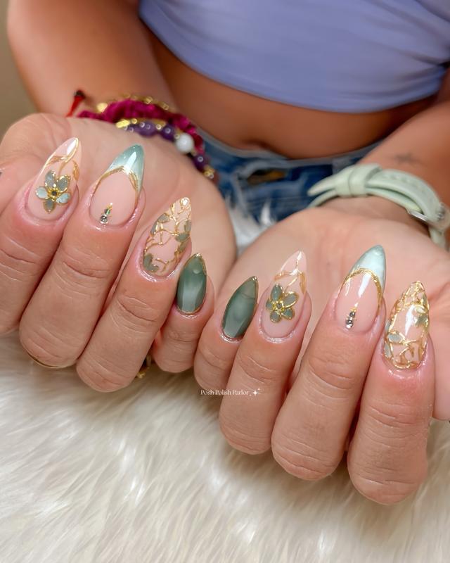 Sage and gold floral nail art on both hands